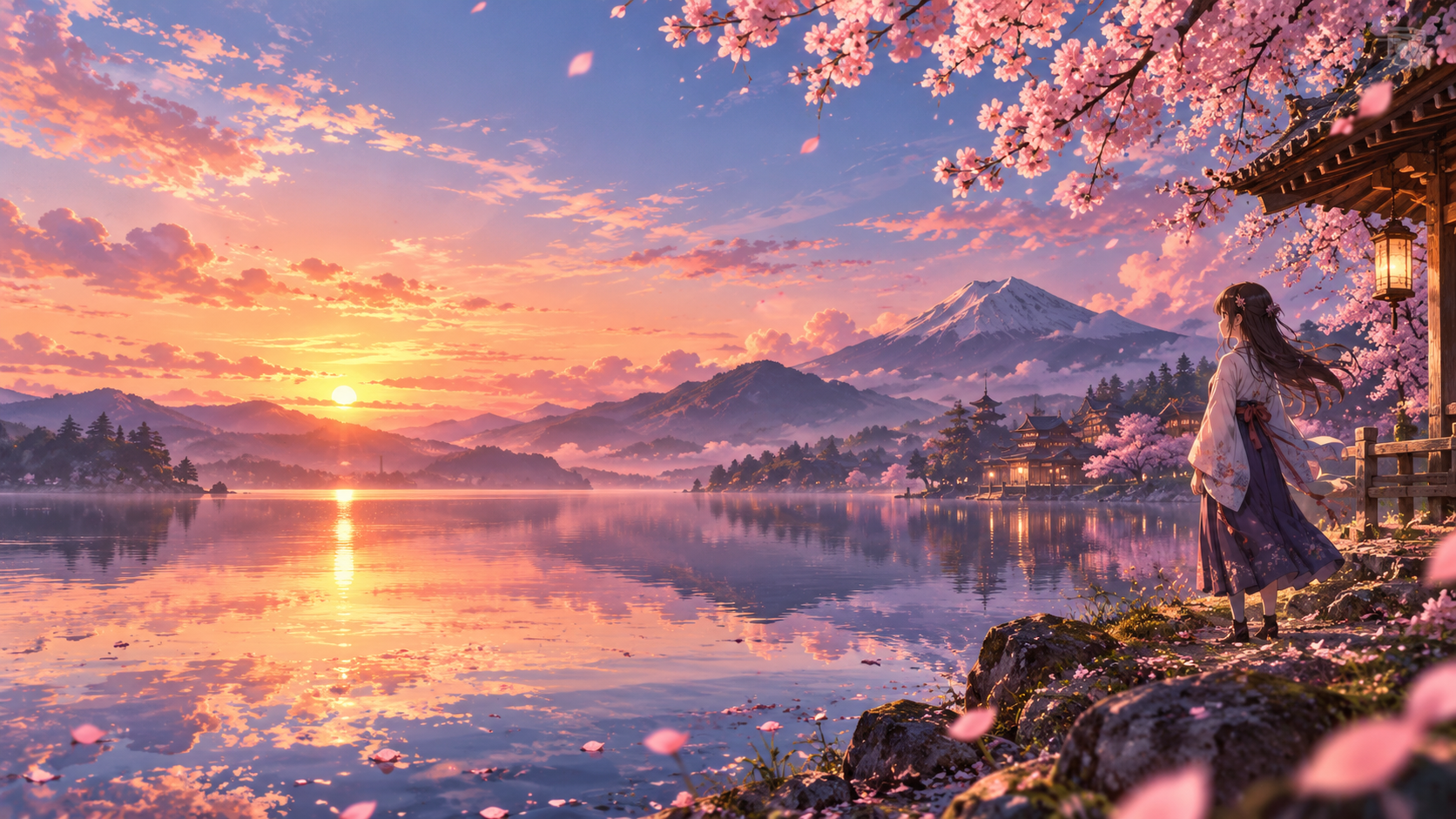AI generated cherry blossom lake at sunset