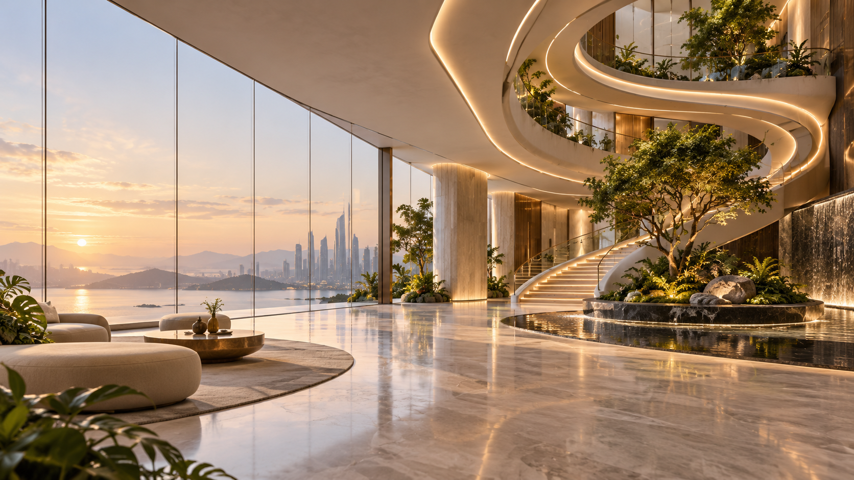 AI generated biophilic atrium at sunset