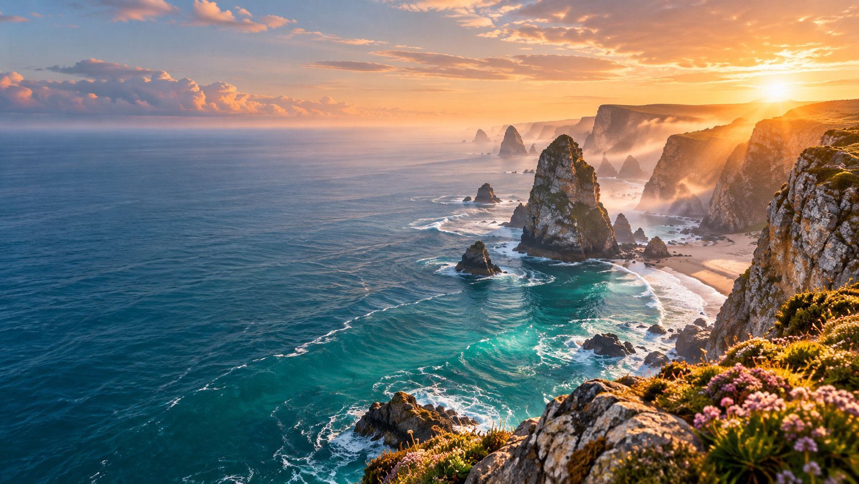AI generated golden coastal cliffs at sunrise