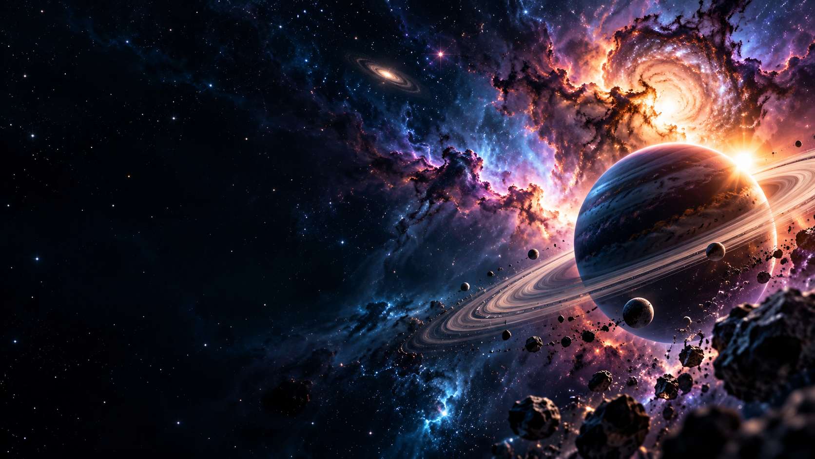 AI generated ringed planet and luminous nebula