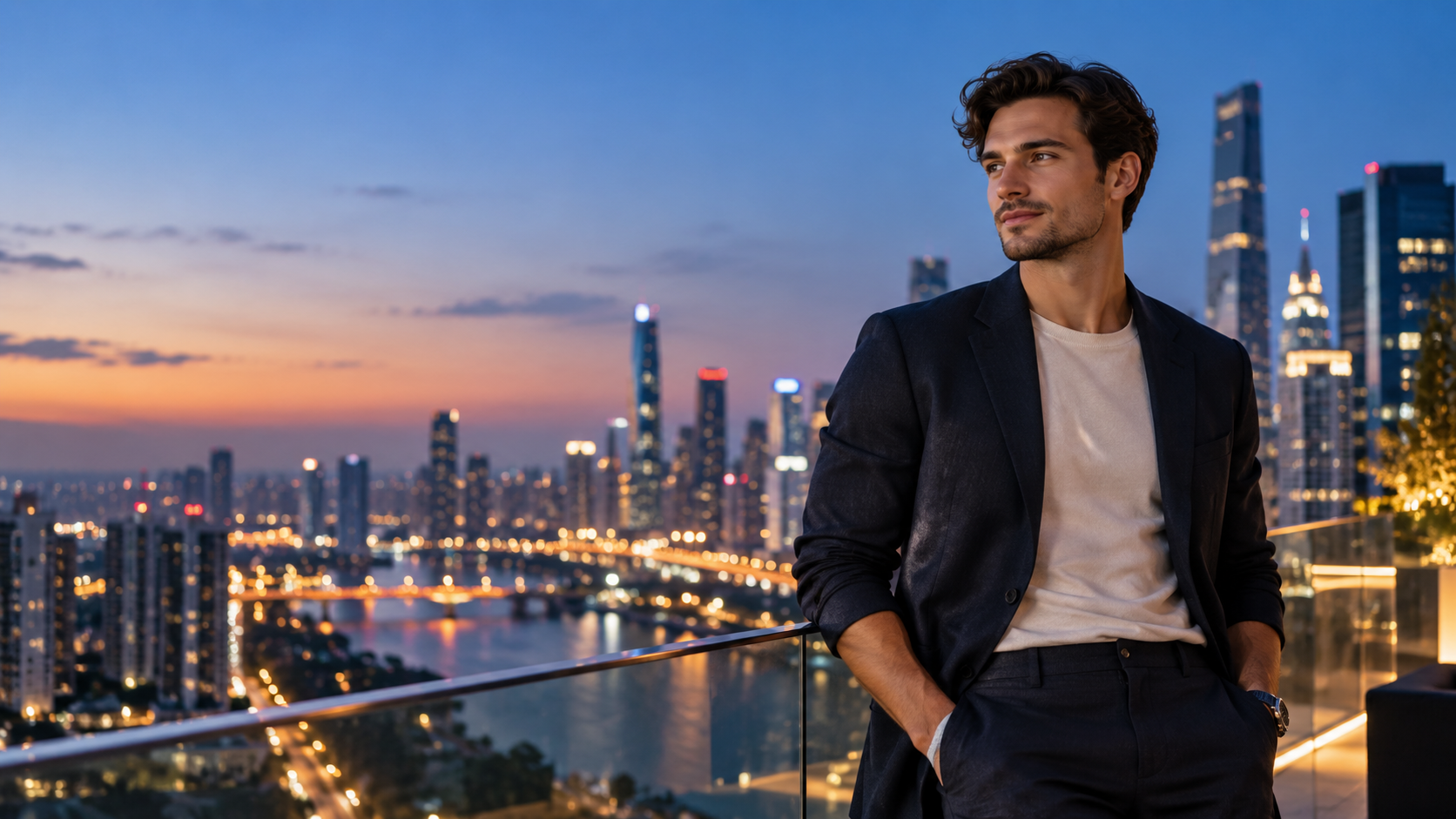 AI generated rooftop portrait at blue hour